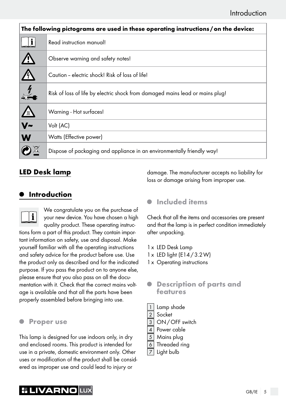 Introduction, Led desk lamp, Proper use | Included items, Description of parts and features | Livarno 7424-018L-BS User Manual | Page 5 / 9