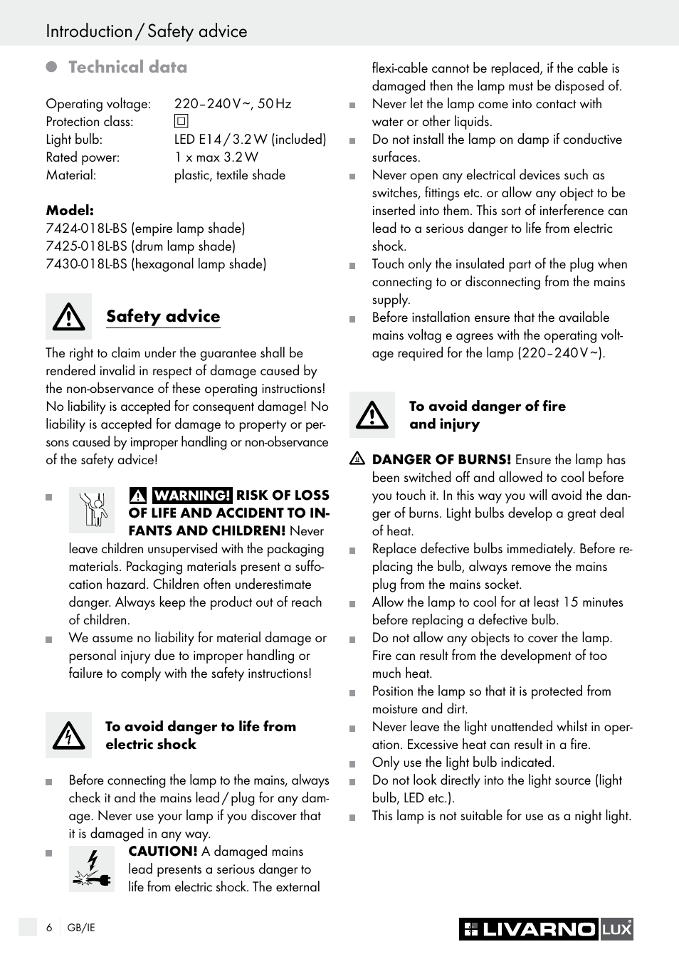 Introduction / safety advice, Technical data, Safety advice | Livarno 7424-018L-BS User Manual | Page 6 / 9
