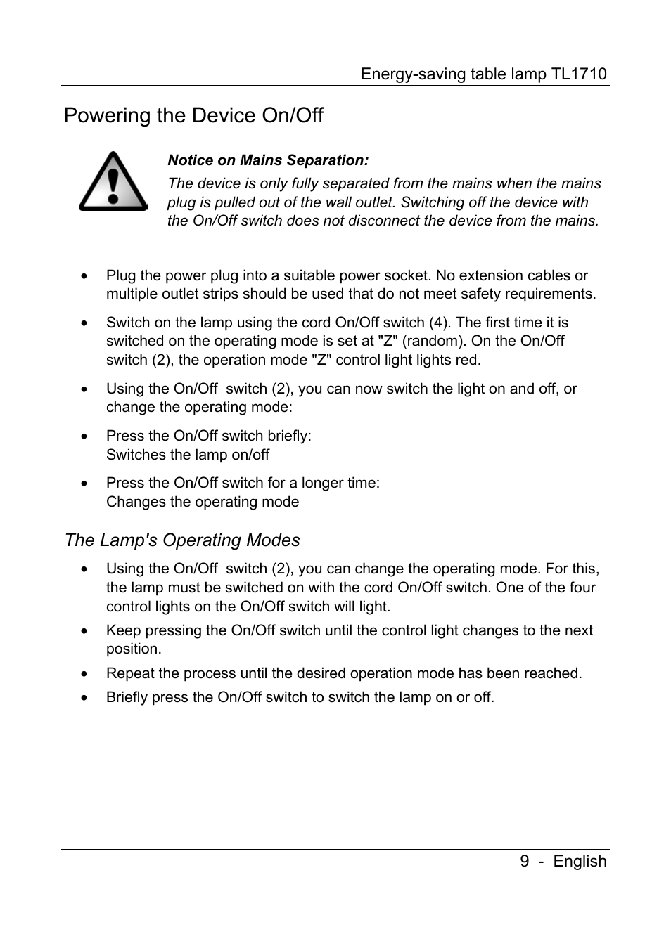 Powering the device on/off, The lamp's operating modes | Livarno TL1710 User Manual | Page 11 / 17