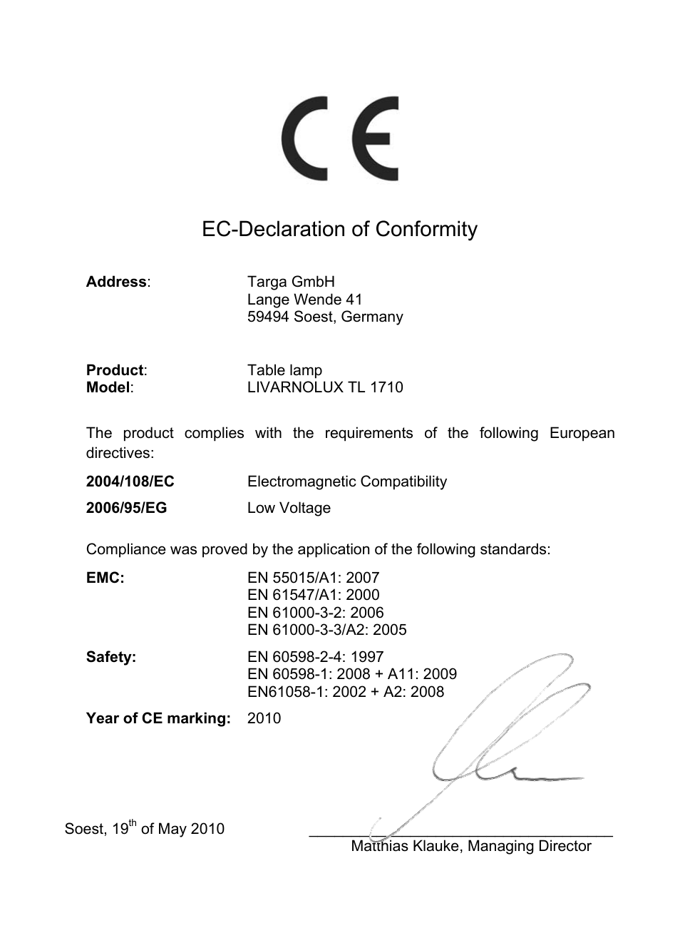 Ec-declaration of conformity | Livarno TL1710 User Manual | Page 16 / 17