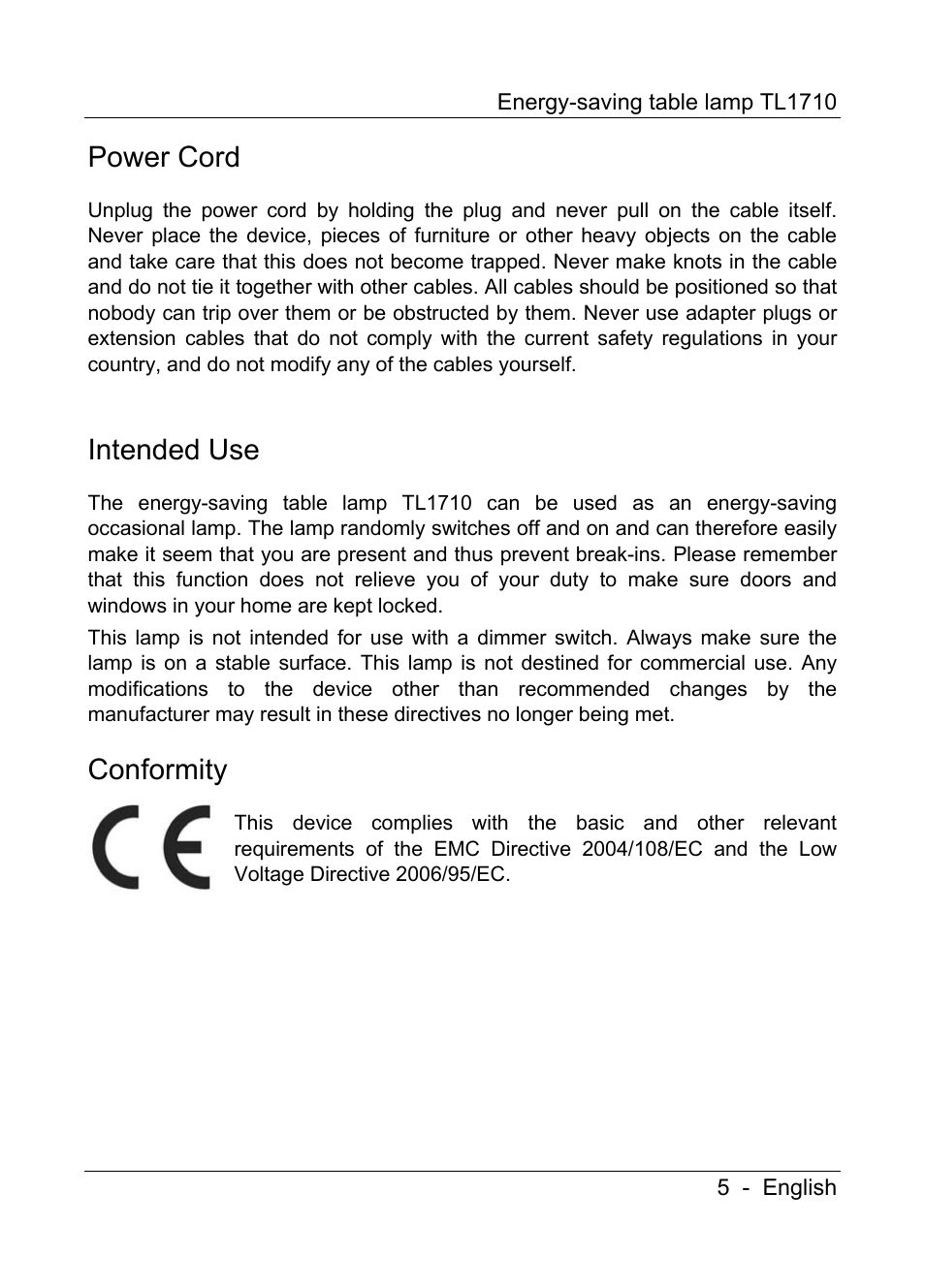 Power cord, Intended use, Conformity | Livarno TL1710 User Manual | Page 7 / 17