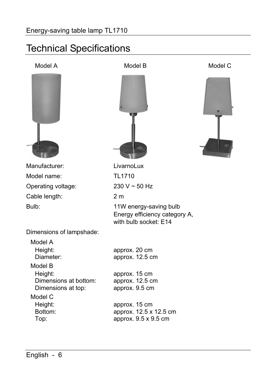 Technical specifications | Livarno TL1710 User Manual | Page 8 / 17