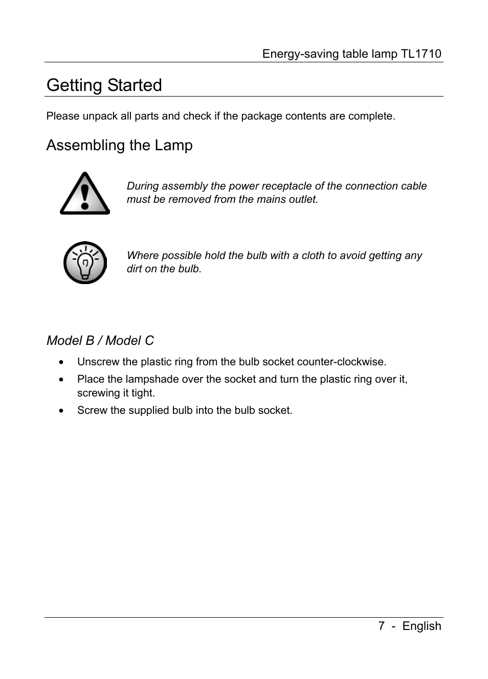 Getting started, Assembling the lamp | Livarno TL1710 User Manual | Page 9 / 17