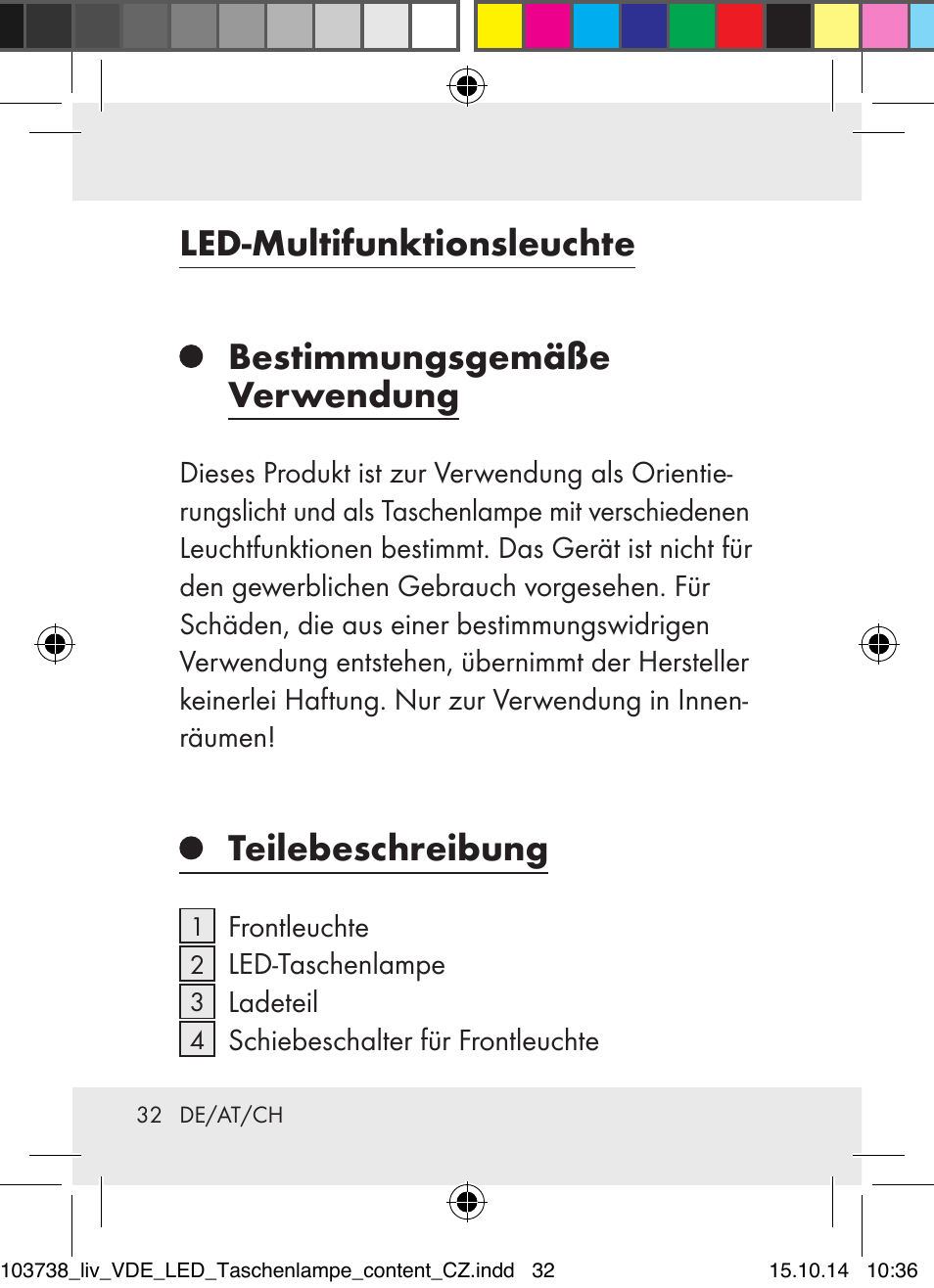 Led-multifunktionsleuchte, Bestimmungsgemäße verwendung, Teilebeschreibung | Livarno 103738-14-01-BS User Manual | Page 32 / 45