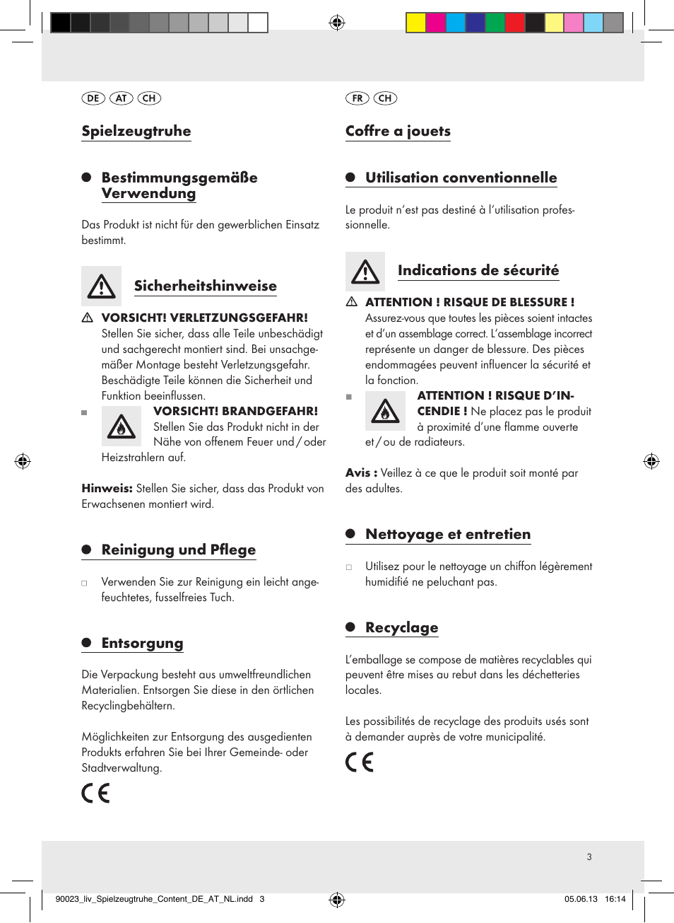 Spielzeugtruhe bestimmungsgemäße verwendung, Sicherheitshinweise, Reinigung und pflege | Entsorgung, Coffre a jouets, Utilisation conventionnelle, Indications de sécurité, Nettoyage et entretien, Recyclage | Livarno Z31592A/Z31592B User Manual | Page 3 / 8