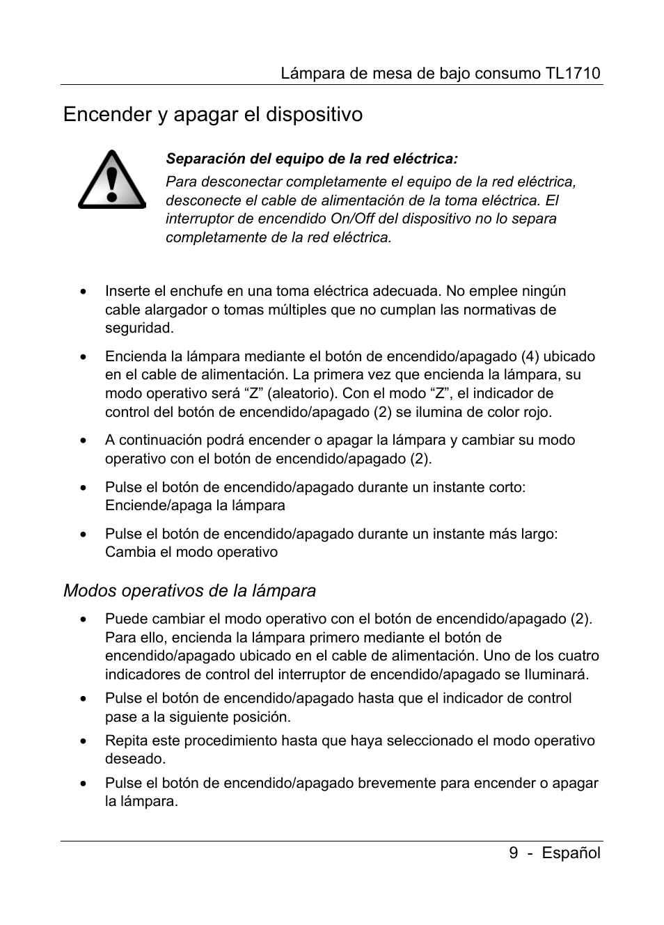 Encender y apagar el dispositivo, Modos operativos de la lámpara | Livarno TL1710 User Manual | Page 11 / 65