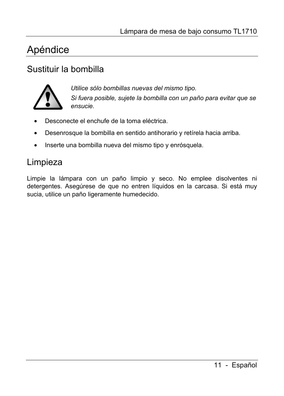 Apéndice, Sustituir la bombilla, Limpieza | Livarno TL1710 User Manual | Page 13 / 65