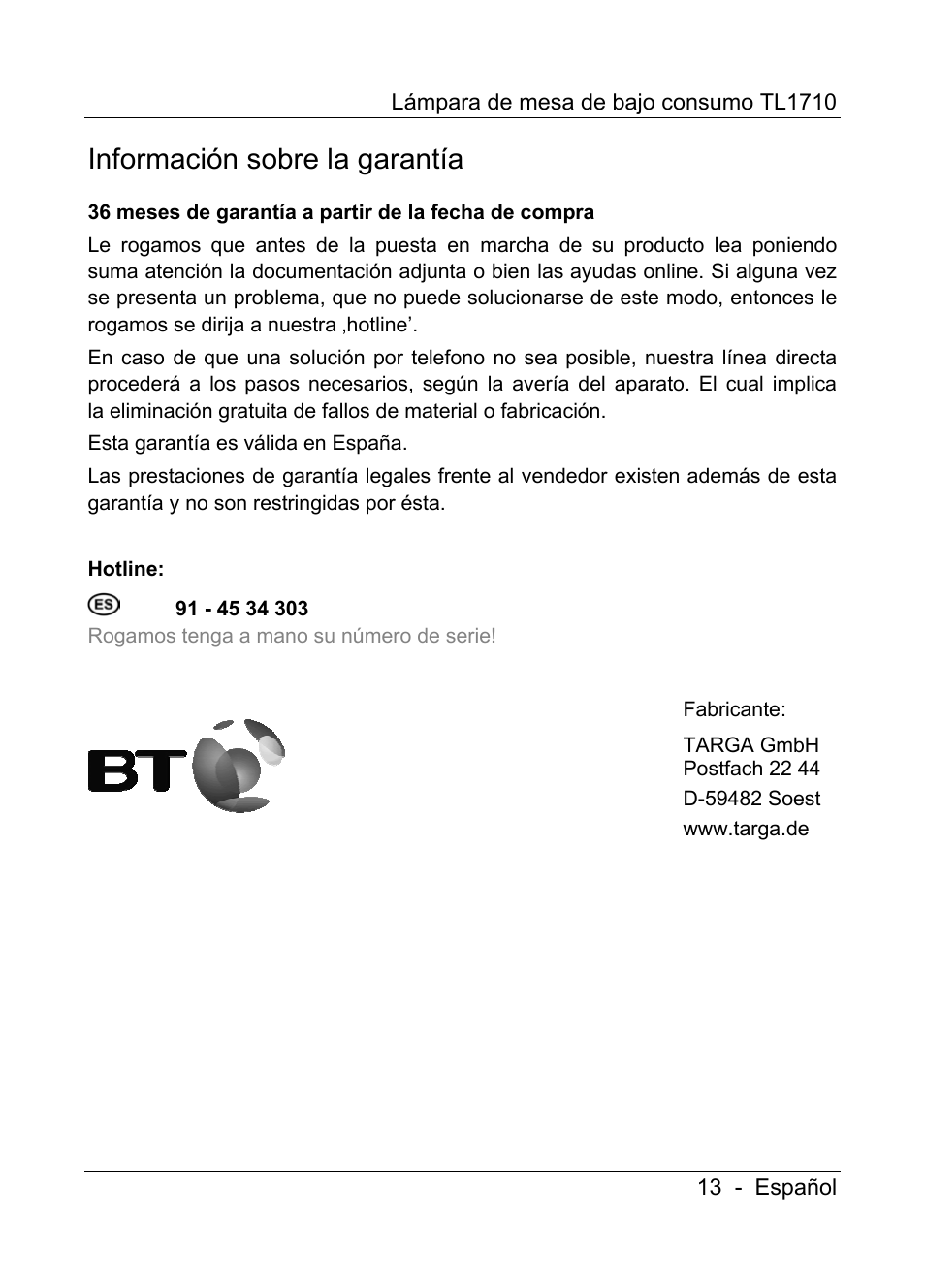 Información sobre la garantía | Livarno TL1710 User Manual | Page 15 / 65