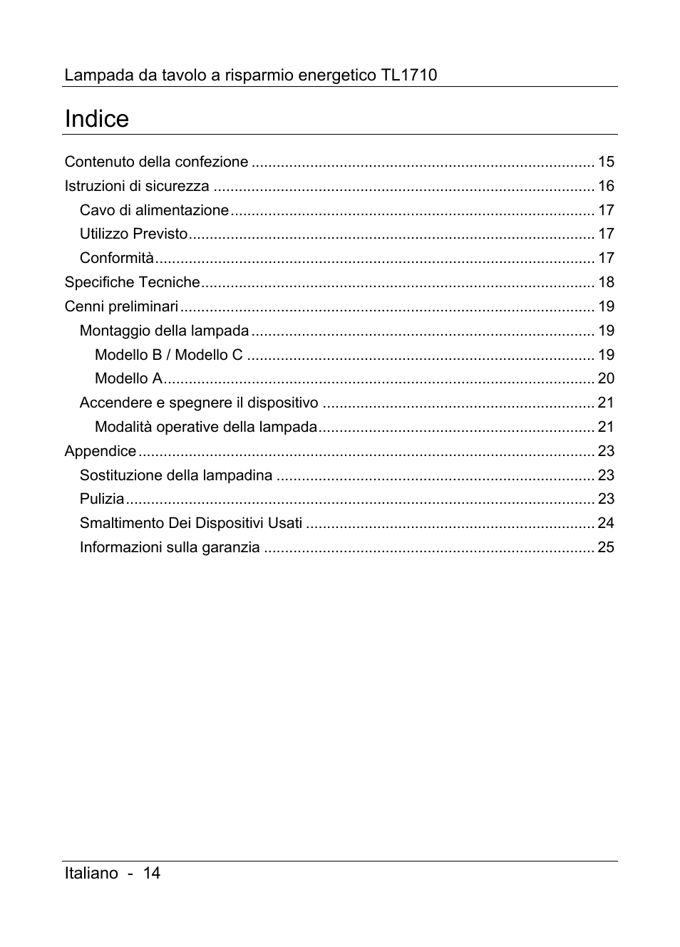 Indice | Livarno TL1710 User Manual | Page 16 / 65