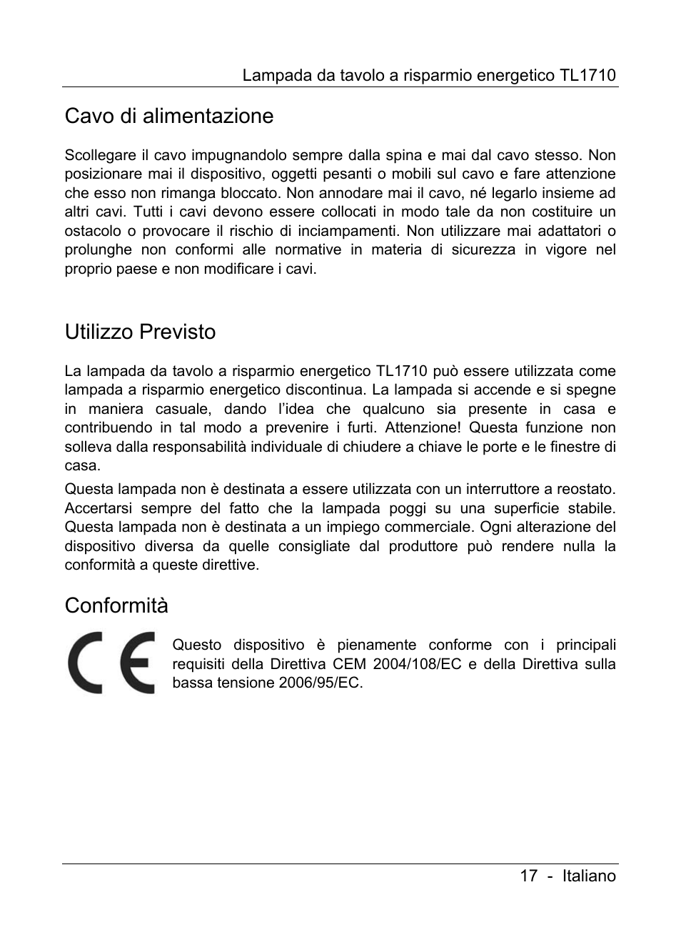 Cavo di alimentazione, Utilizzo previsto, Conformità | Livarno TL1710 User Manual | Page 19 / 65