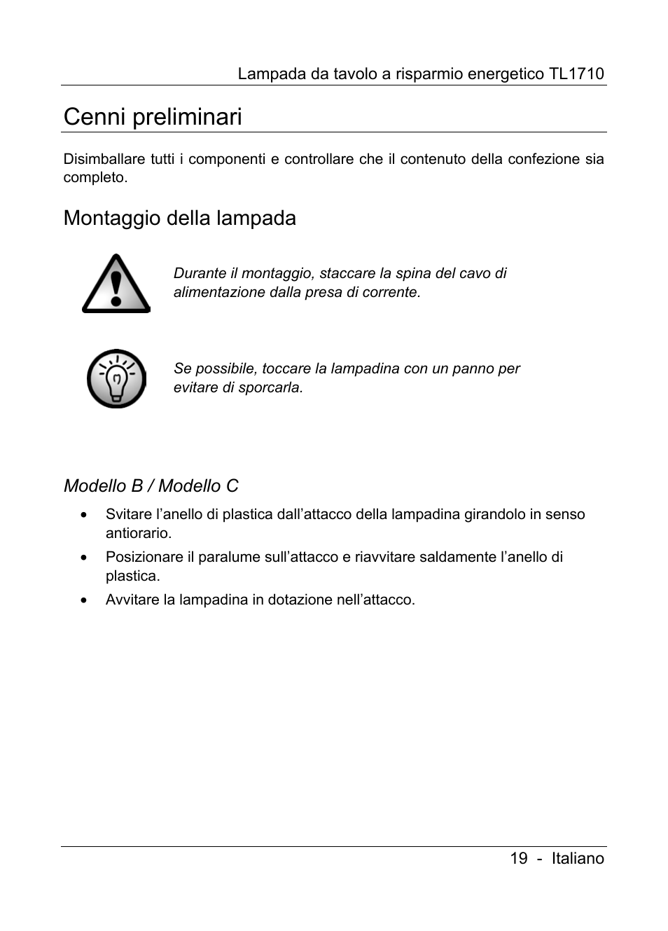 Cenni preliminari, Montaggio della lampada | Livarno TL1710 User Manual | Page 21 / 65