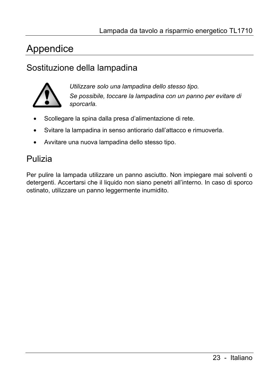 Appendice, Sostituzione della lampadina, Pulizia | Livarno TL1710 User Manual | Page 25 / 65