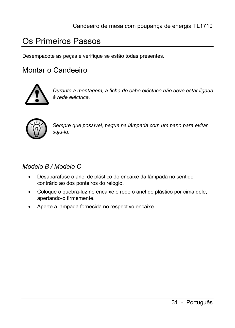 Os primeiros passos, Montar o candeeiro | Livarno TL1710 User Manual | Page 33 / 65