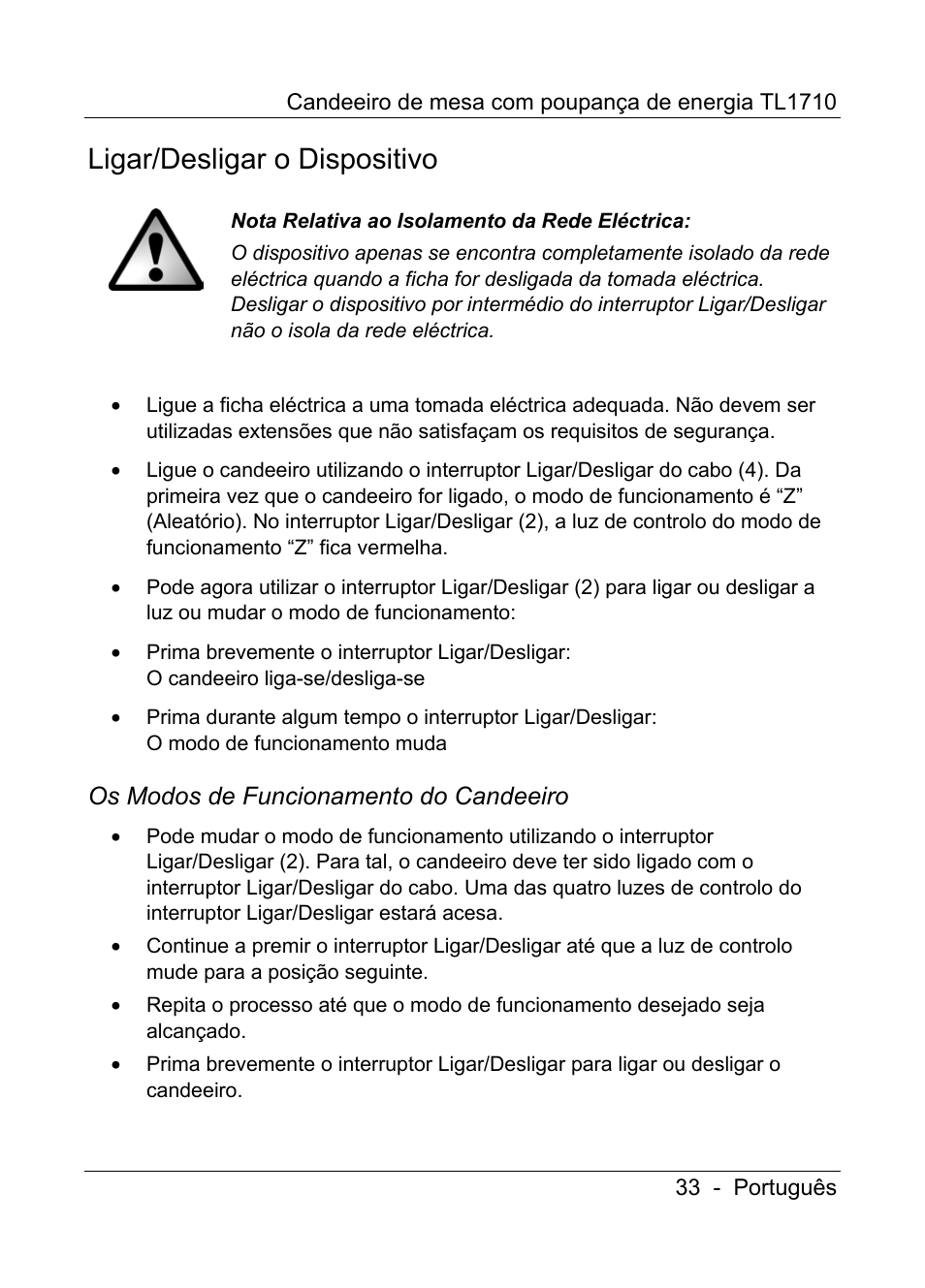 Ligar/desligar o dispositivo, Os modos de funcionamento do candeeiro | Livarno TL1710 User Manual | Page 35 / 65