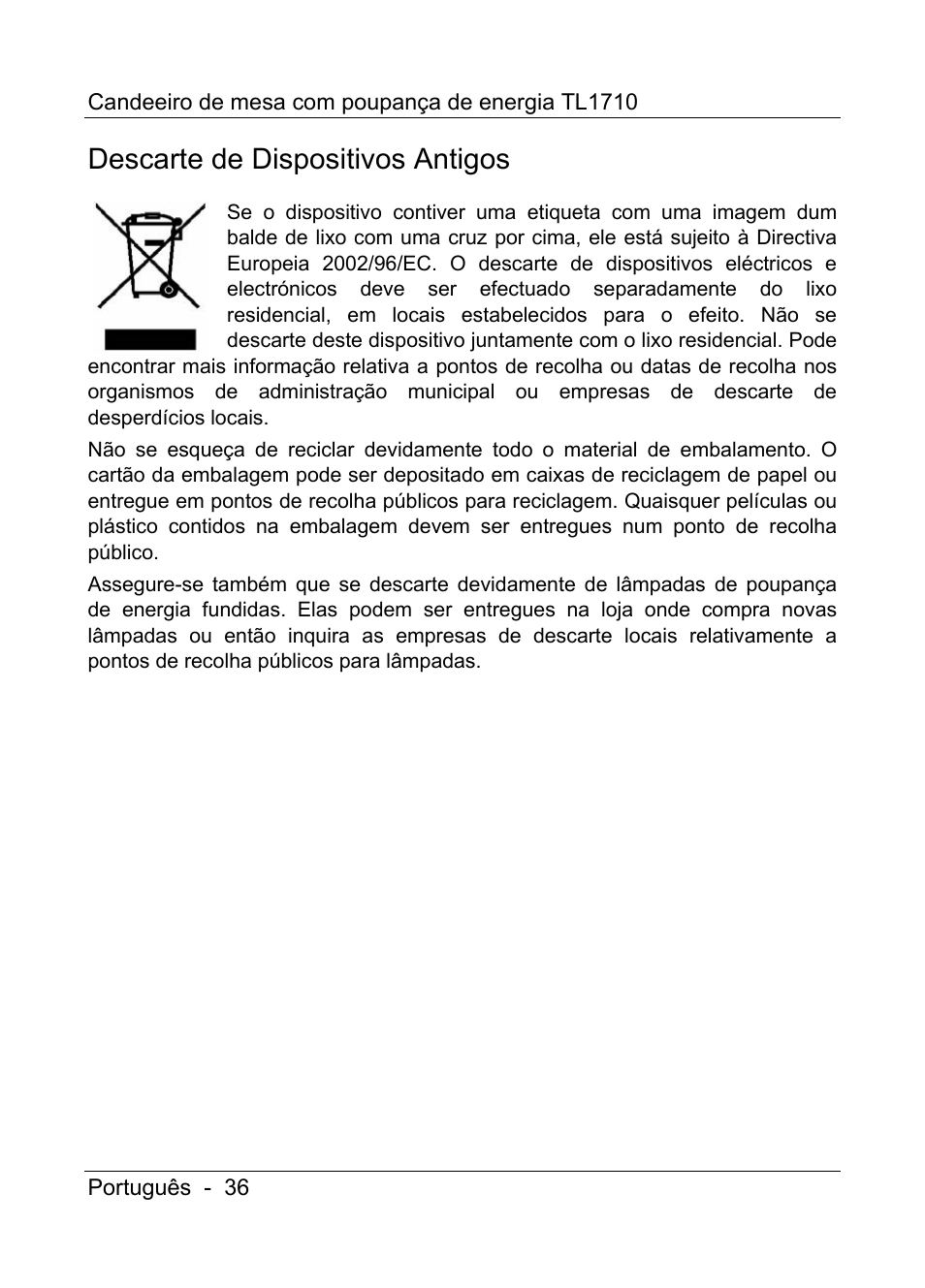 Descarte de dispositivos antigos | Livarno TL1710 User Manual | Page 38 / 65