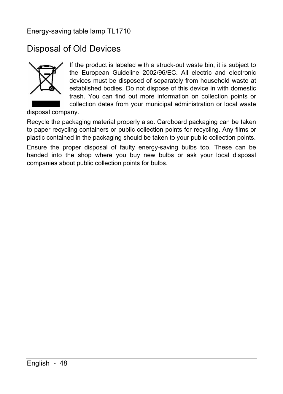 Disposal of old devices | Livarno TL1710 User Manual | Page 50 / 65