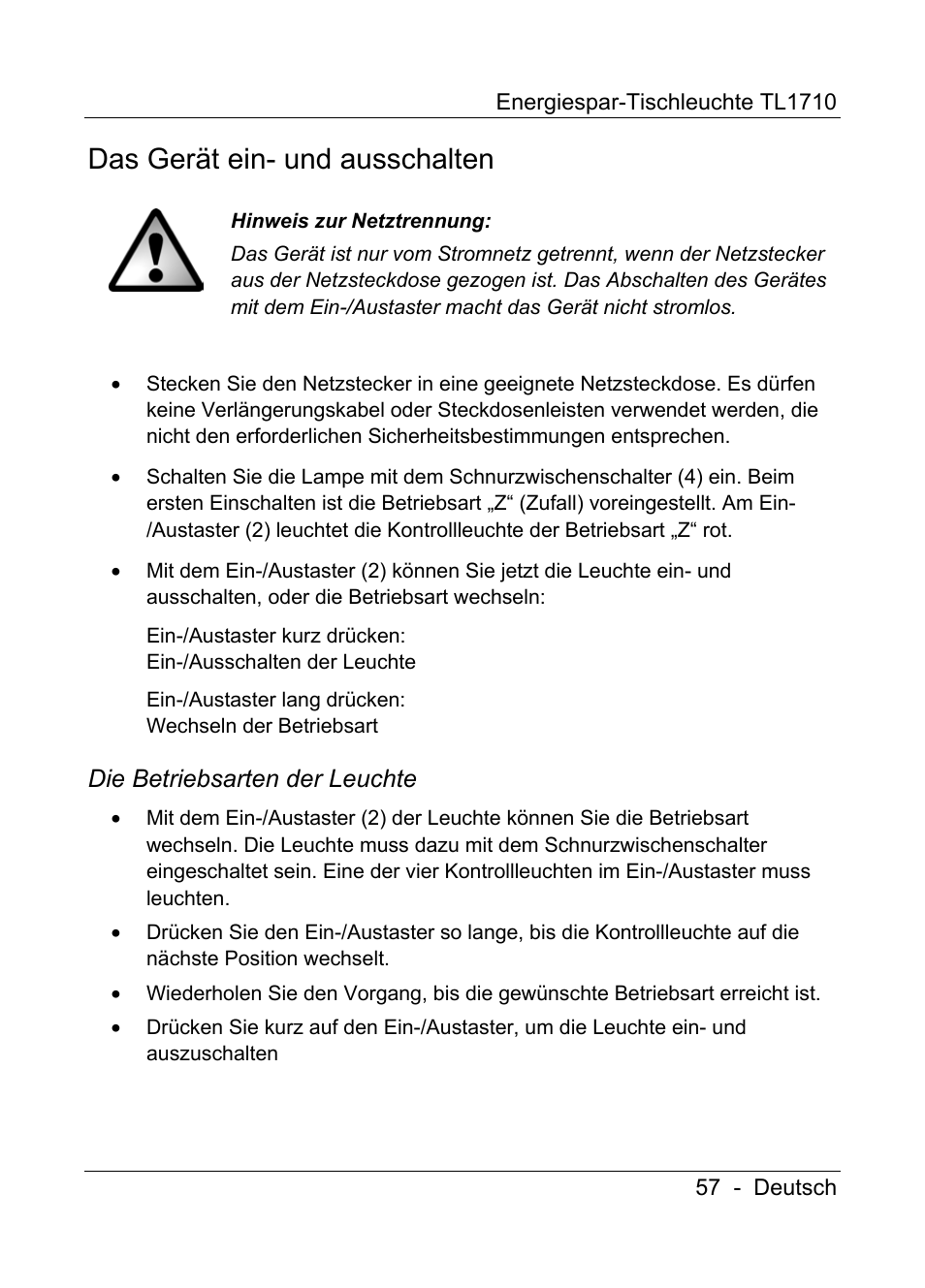 Das gerät ein- und ausschalten, Die betriebsarten der leuchte | Livarno TL1710 User Manual | Page 59 / 65