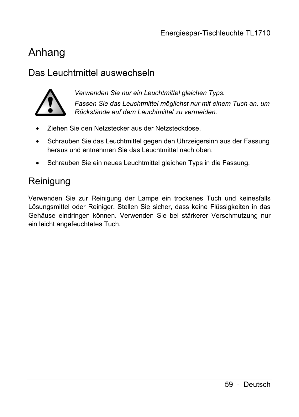 Anhang, Das leuchtmittel auswechseln, Reinigung | Livarno TL1710 User Manual | Page 61 / 65