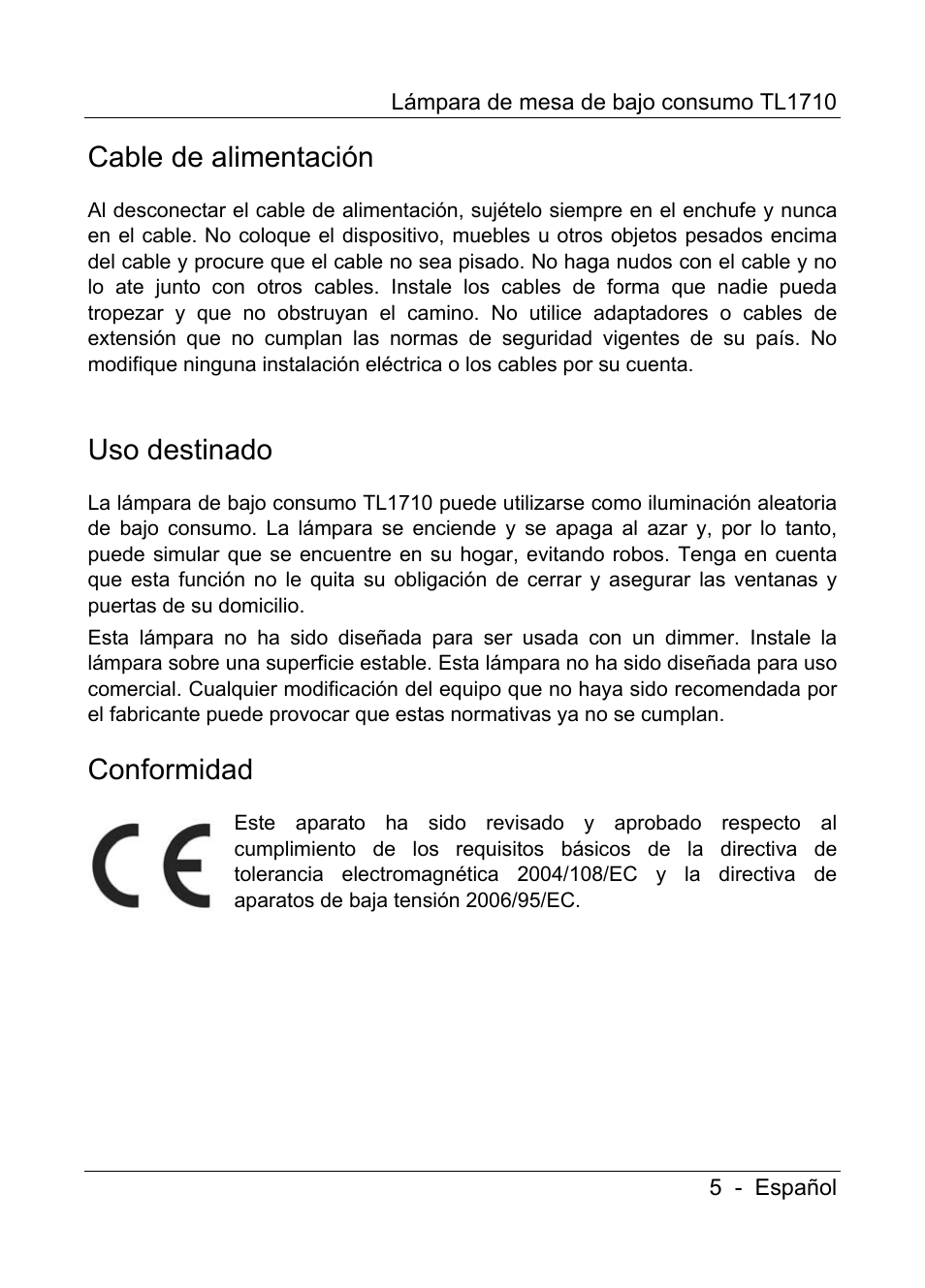 Cable de alimentación, Uso destinado, Conformidad | Livarno TL1710 User Manual | Page 7 / 65