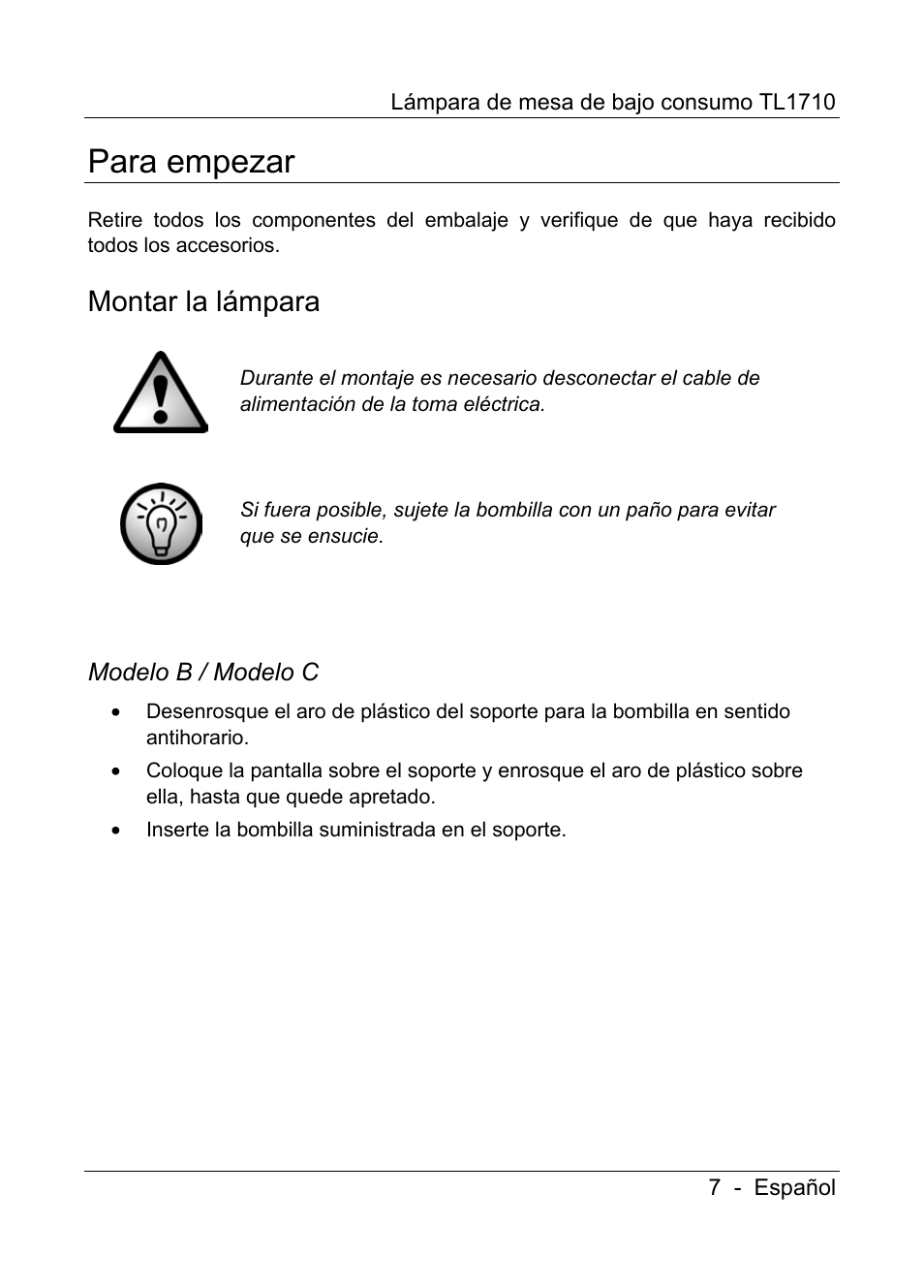 Para empezar, Montar la lámpara | Livarno TL1710 User Manual | Page 9 / 65