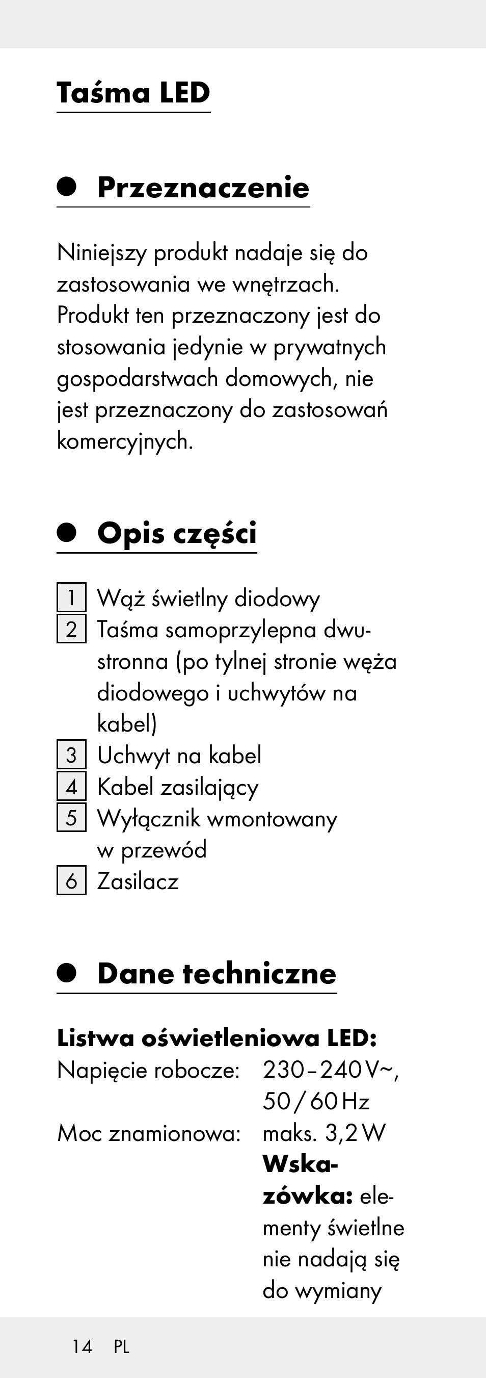 Taśma led przeznaczenie, Opis części, Dane techniczne | Livarno Z31392A-BS User Manual | Page 14 / 72