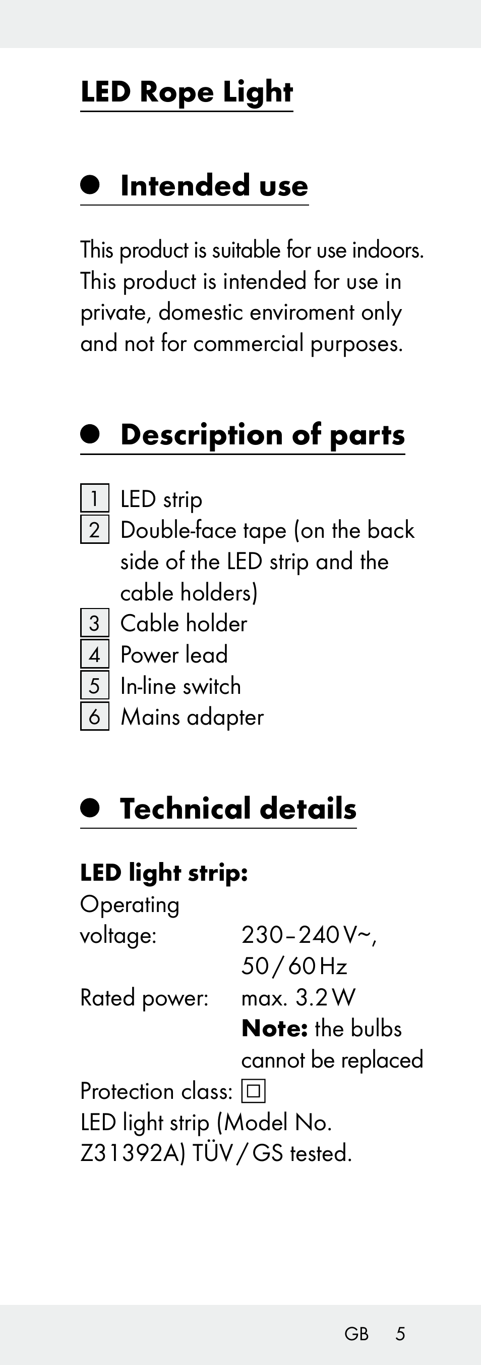 Led rope light intended use, Description of parts, Technical details | Livarno Z31392A-BS User Manual | Page 5 / 72