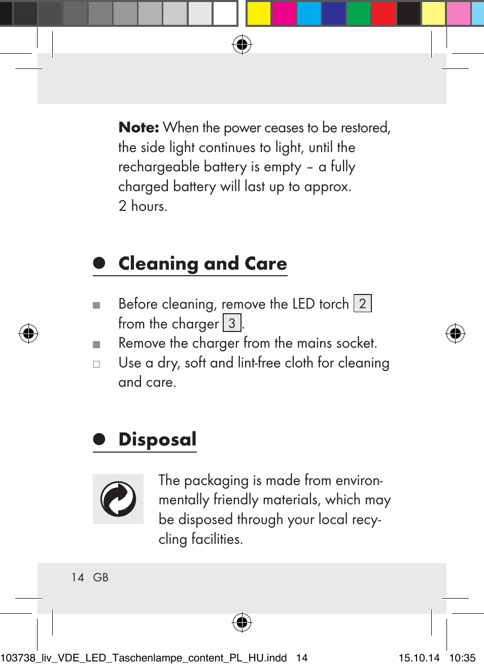 Cleaning and care, Disposal | Livarno 103738-14-01-BS User Manual | Page 14 / 59