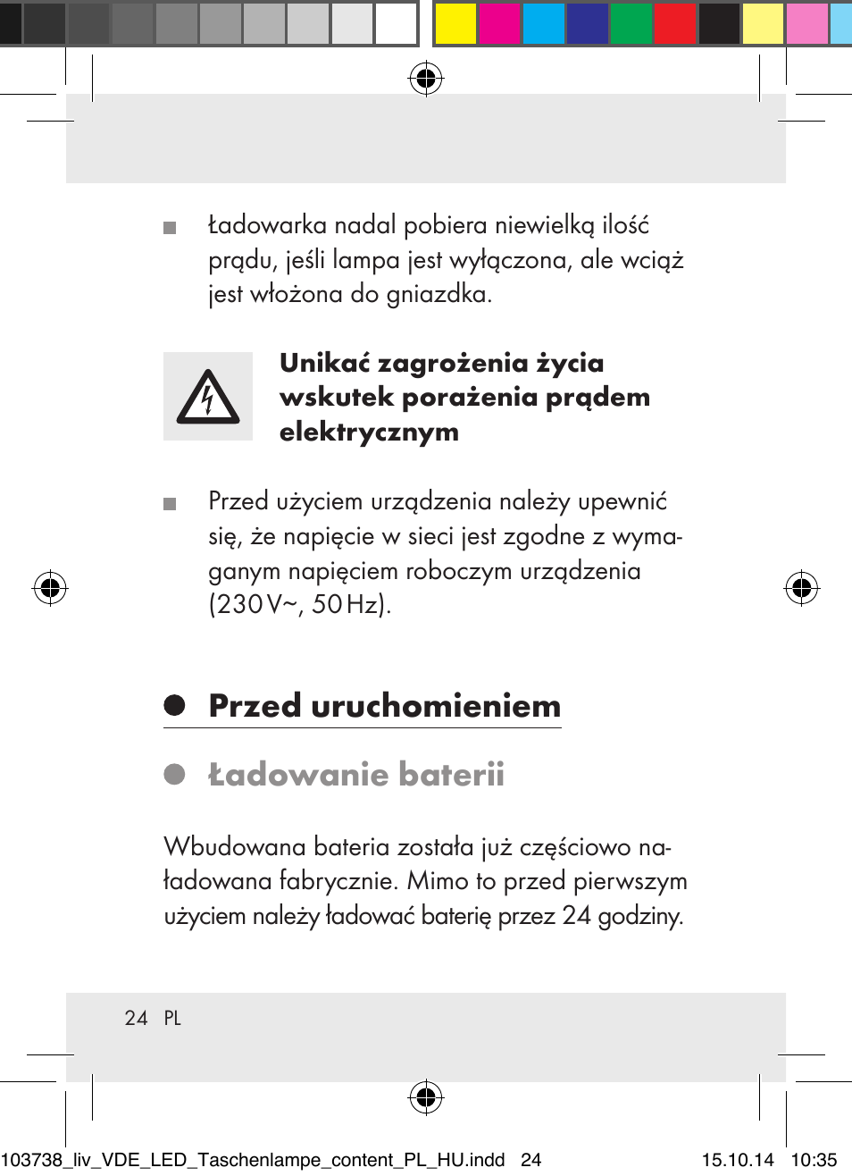 Przed uruchomieniem ładowanie baterii | Livarno 103738-14-01-BS User Manual | Page 24 / 59