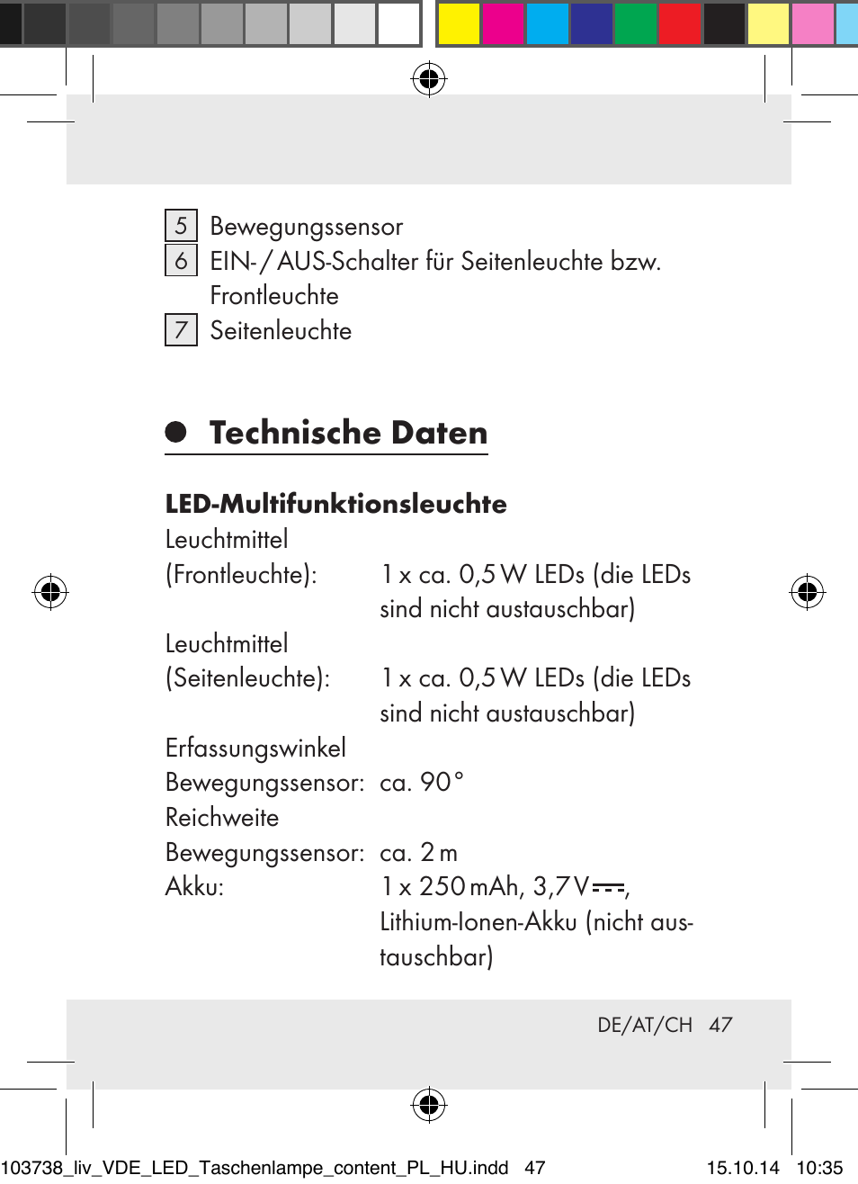 Technische daten | Livarno 103738-14-01-BS User Manual | Page 47 / 59