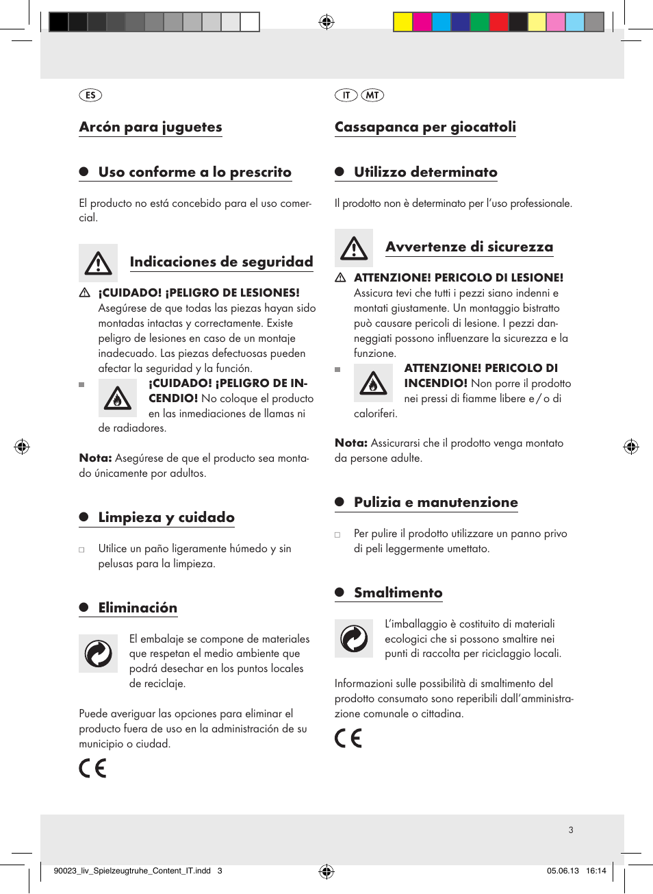 Arcón para juguetes, Uso conforme a lo prescrito, Indicaciones de seguridad | Limpieza y cuidado, Eliminación, Cassapanca per giocattoli, Utilizzo determinato, Avvertenze di sicurezza, Pulizia e manutenzione, Smaltimento | Livarno Z31592A/Z31592B User Manual | Page 3 / 9