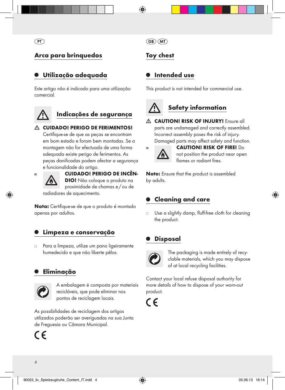 Arca para brinquedos, Utilização adequada, Indicações de segurança | Limpeza e conservação, Eliminação, Toy chest, Intended use, Safety information, Cleaning and care, Disposal | Livarno Z31592A/Z31592B User Manual | Page 4 / 9