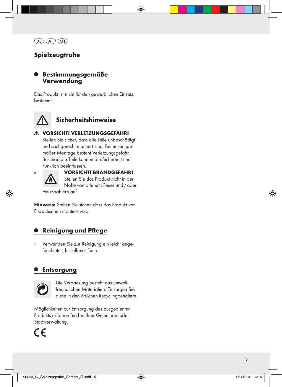 Spielzeugtruhe, Bestimmungsgemäße verwendung, Sicherheitshinweise | Reinigung und pflege, Entsorgung | Livarno Z31592A/Z31592B User Manual | Page 5 / 9