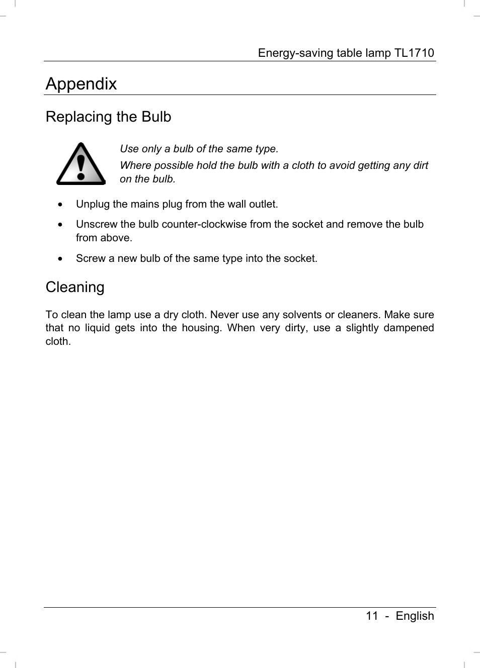 Appendix, Replacing the bulb, Cleaning | Livarno TL1710 User Manual | Page 13 / 89