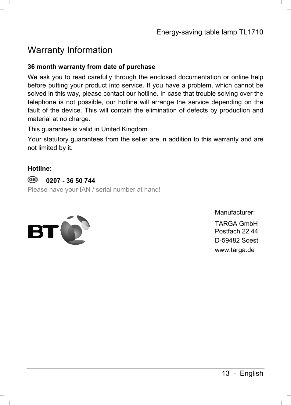 Warranty information | Livarno TL1710 User Manual | Page 15 / 89