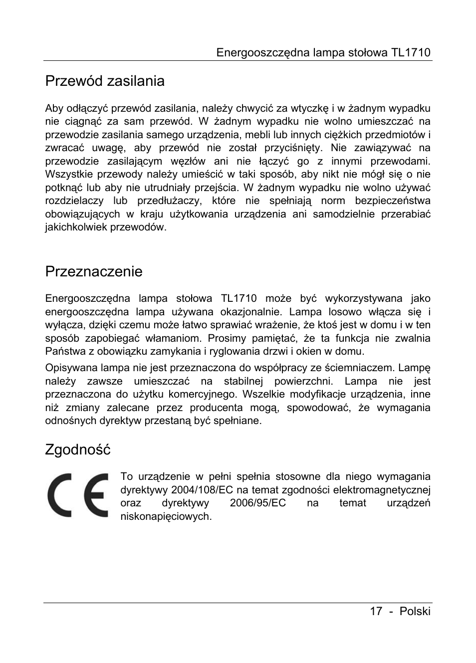 Przewód zasilania, Przeznaczenie, Zgodność | Livarno TL1710 User Manual | Page 19 / 89