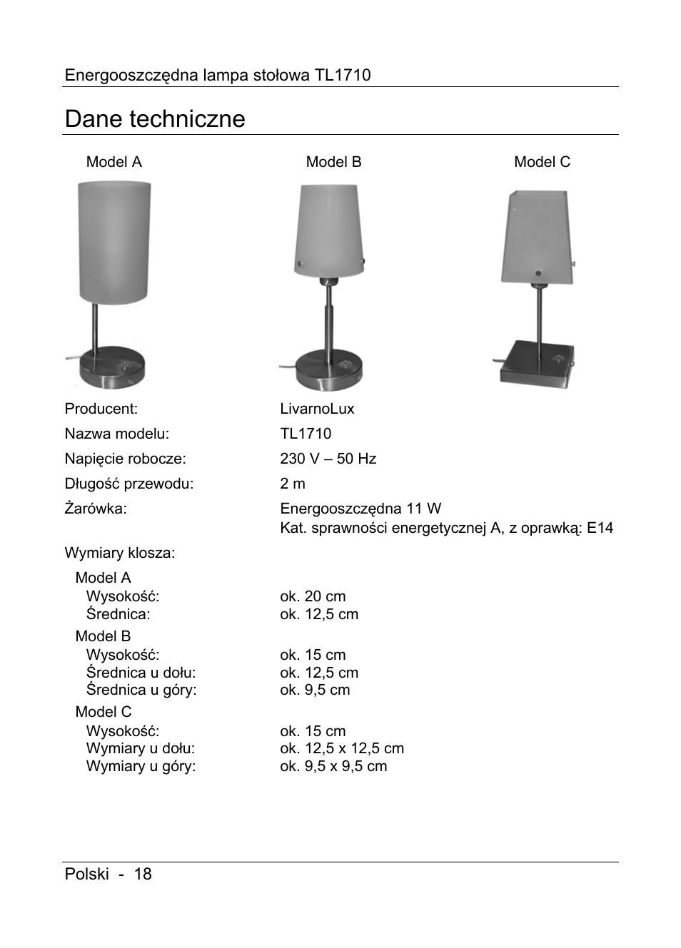 Dane techniczne | Livarno TL1710 User Manual | Page 20 / 89