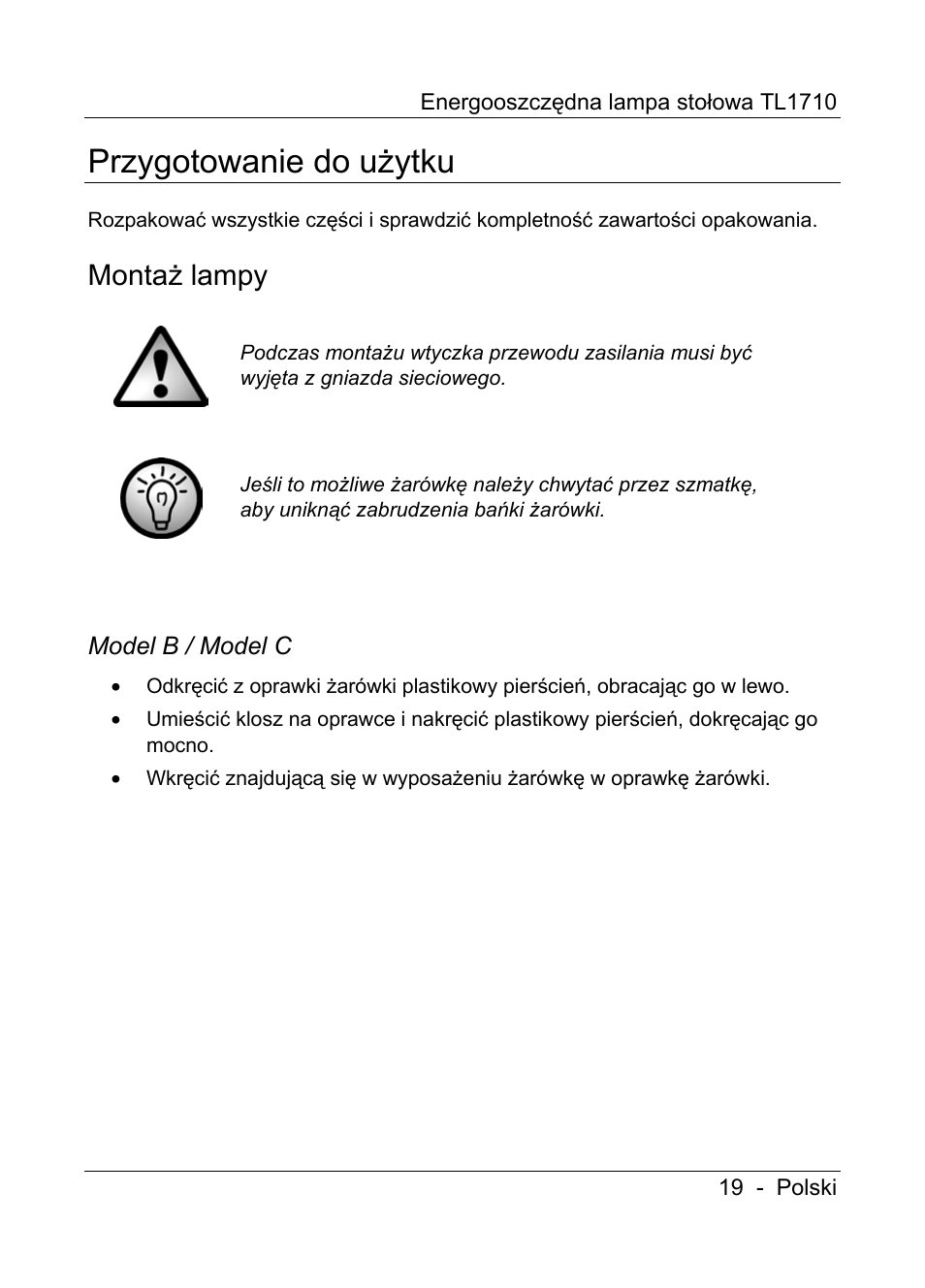 Przygotowanie do użytku, Montaż lampy | Livarno TL1710 User Manual | Page 21 / 89