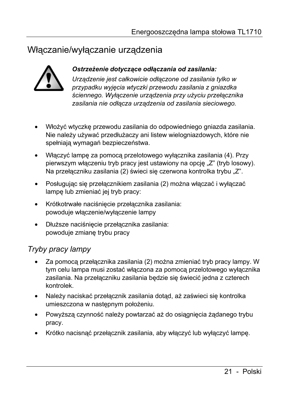 Włączanie/wyłączanie urządzenia, Tryby pracy lampy | Livarno TL1710 User Manual | Page 23 / 89