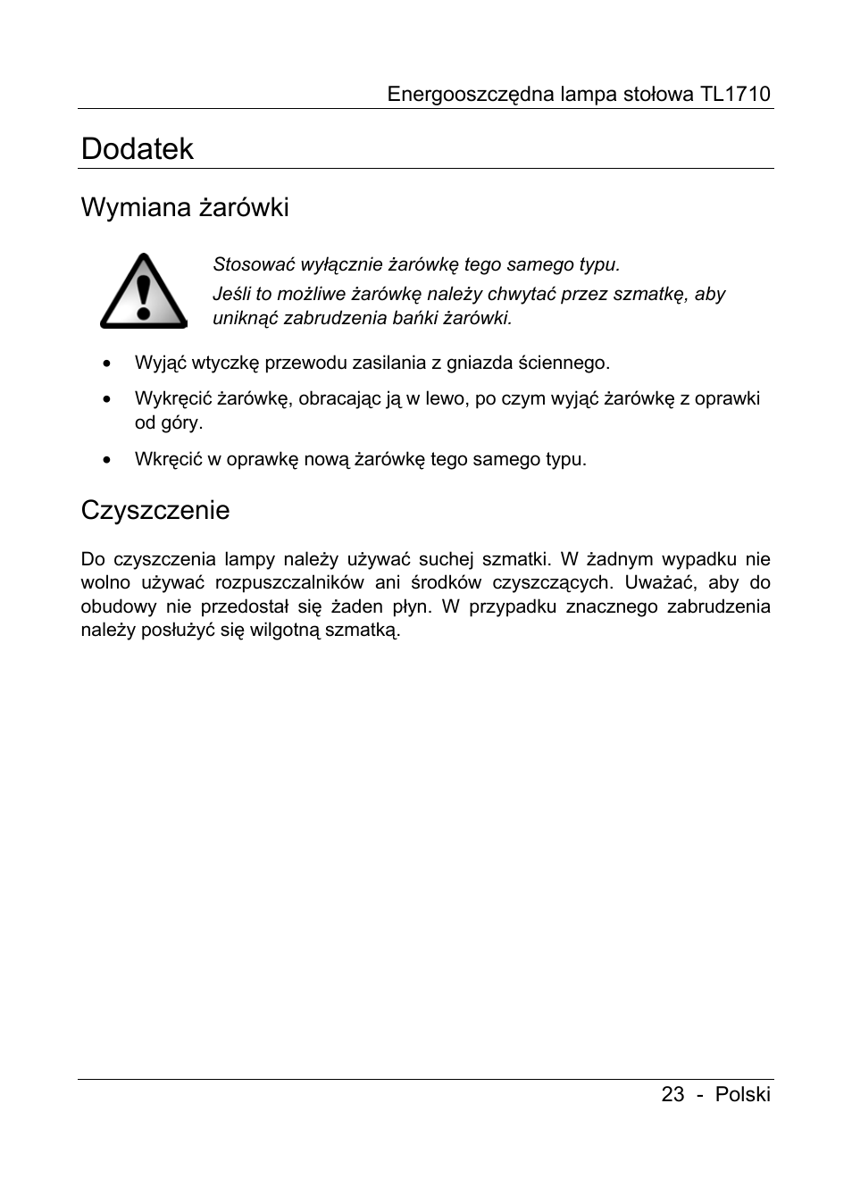 Dodatek, Wymiana żarówki, Czyszczenie | Livarno TL1710 User Manual | Page 25 / 89