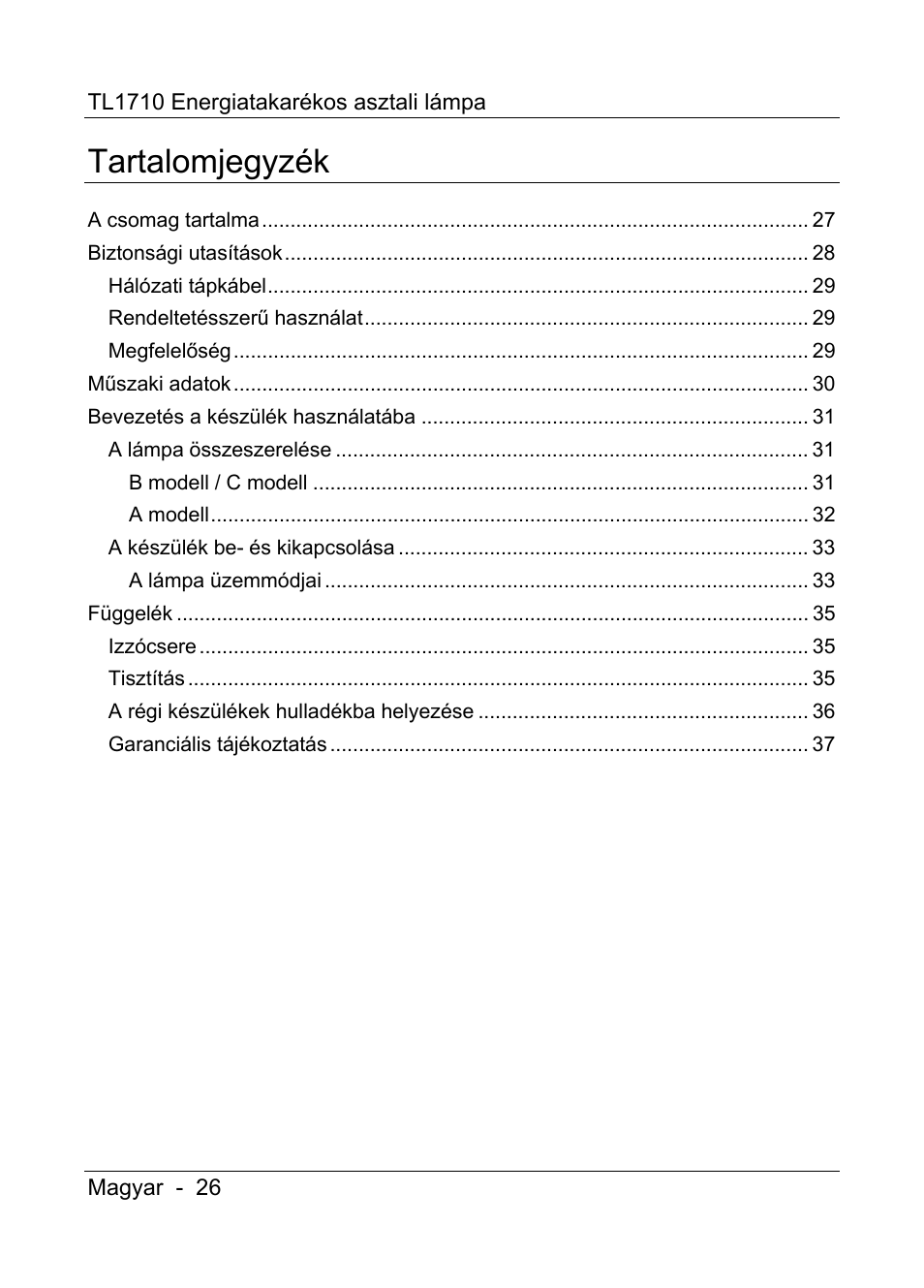 Tartalomjegyzék | Livarno TL1710 User Manual | Page 28 / 89