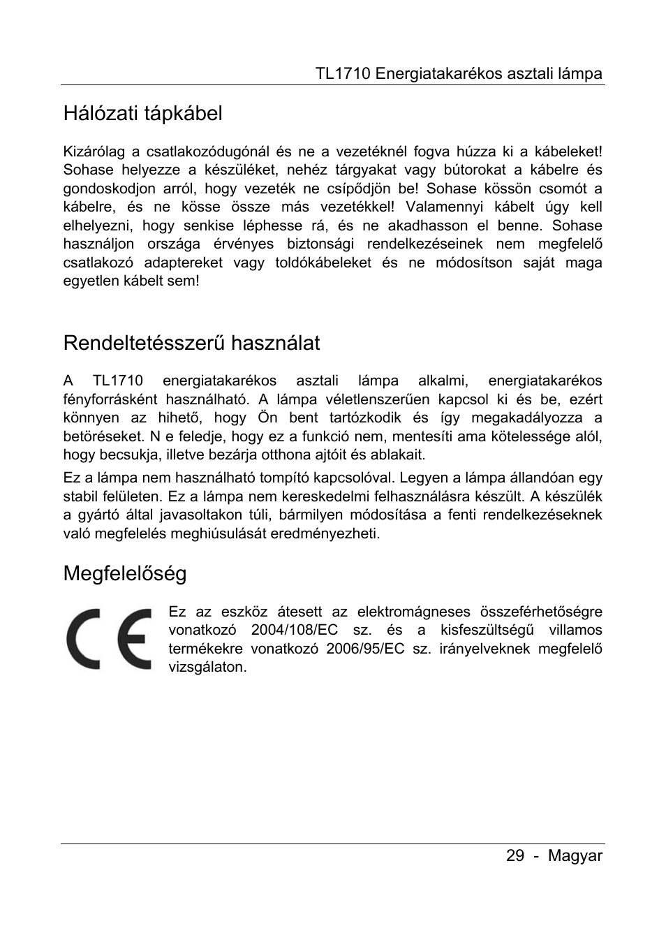 Hálózati tápkábel, Rendeltetésszerű használat, Megfelelőség | Livarno TL1710 User Manual | Page 31 / 89