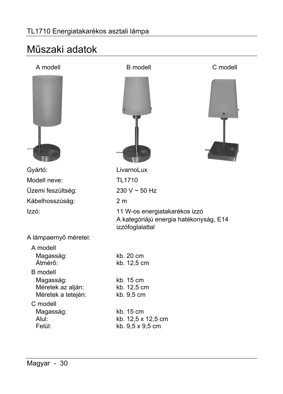 Műszaki adatok | Livarno TL1710 User Manual | Page 32 / 89