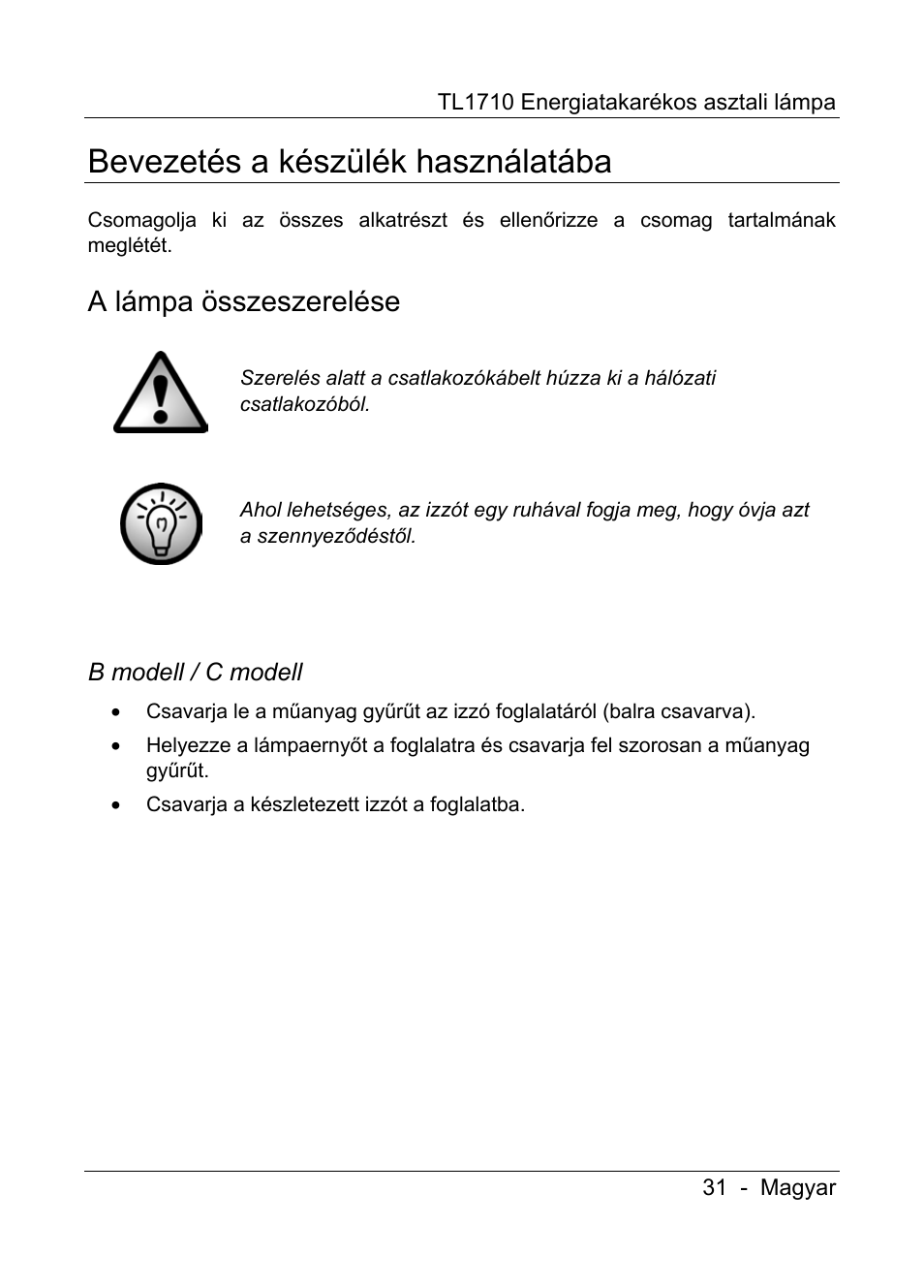 Bevezetés a készülék használatába, A lámpa összeszerelése | Livarno TL1710 User Manual | Page 33 / 89