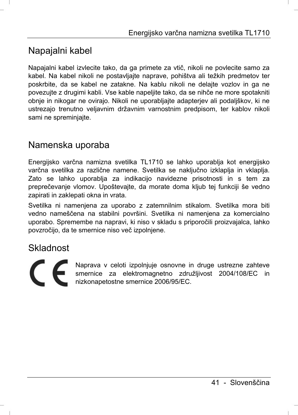 Napajalni kabel, Namenska uporaba, Skladnost | Livarno TL1710 User Manual | Page 43 / 89