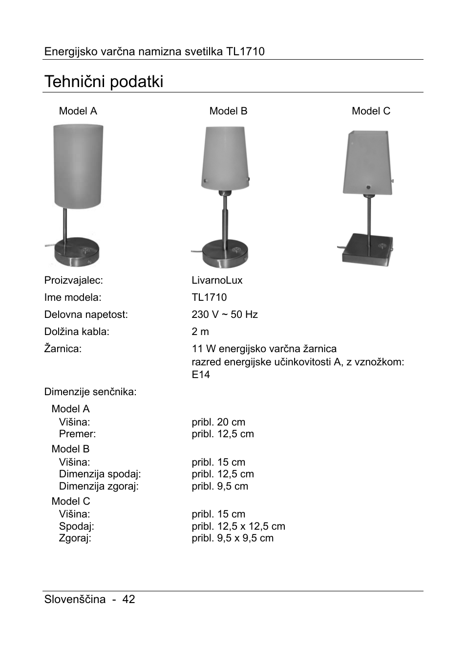 Tehnični podatki | Livarno TL1710 User Manual | Page 44 / 89