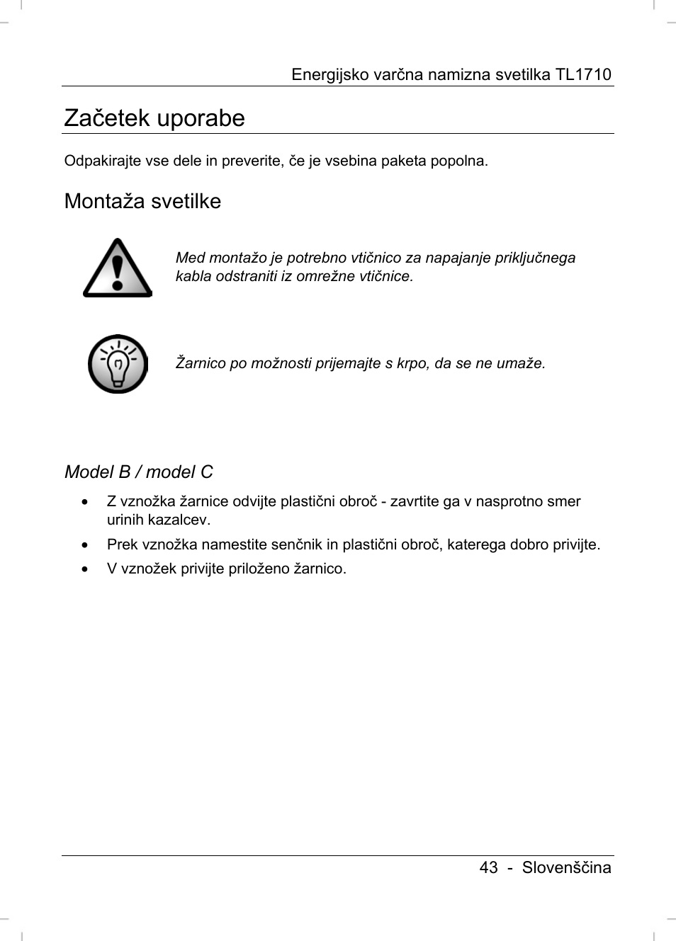 Začetek uporabe, Montaža svetilke | Livarno TL1710 User Manual | Page 45 / 89