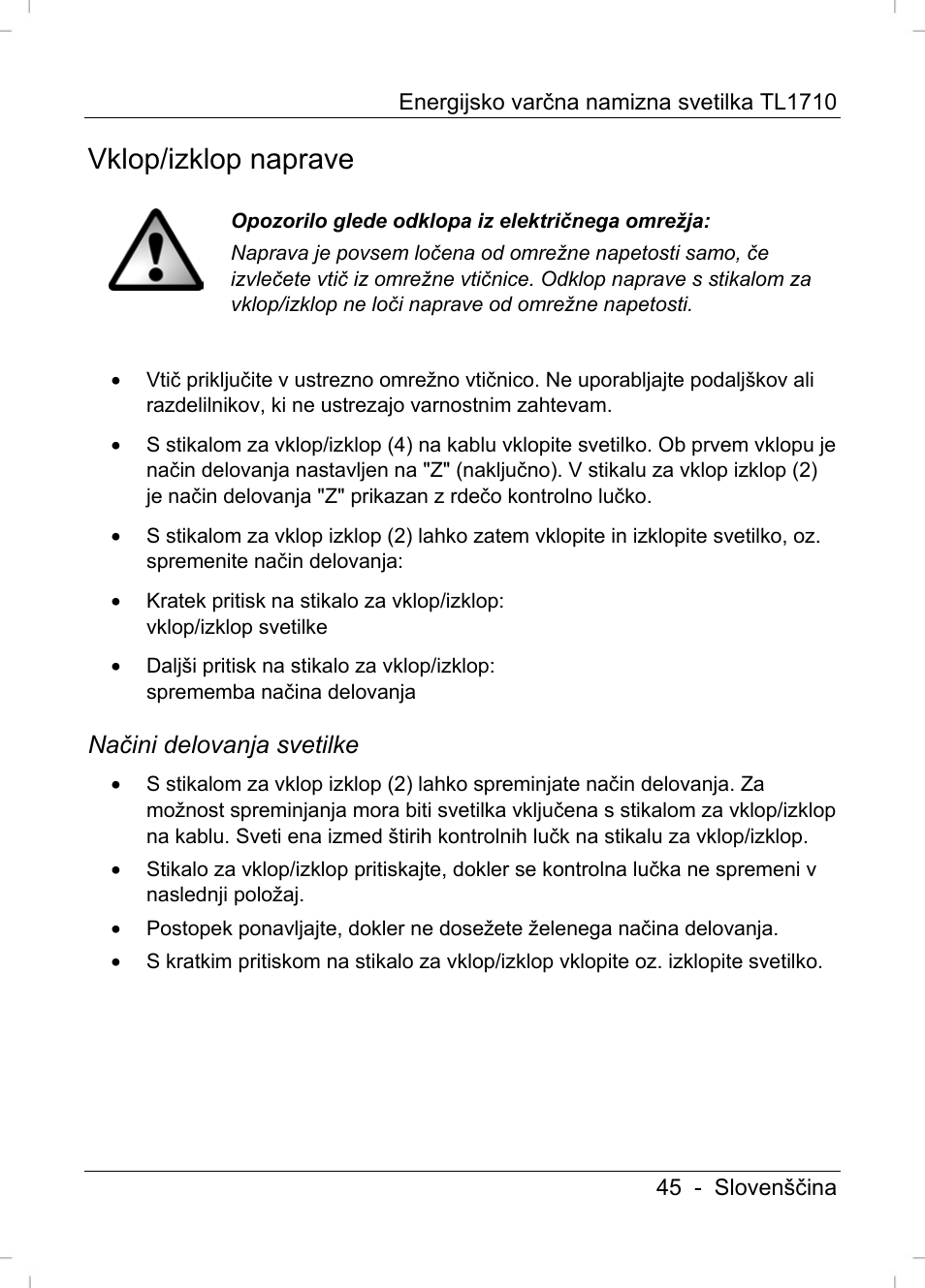 Vklop/izklop naprave, Načini delovanja svetilke | Livarno TL1710 User Manual | Page 47 / 89