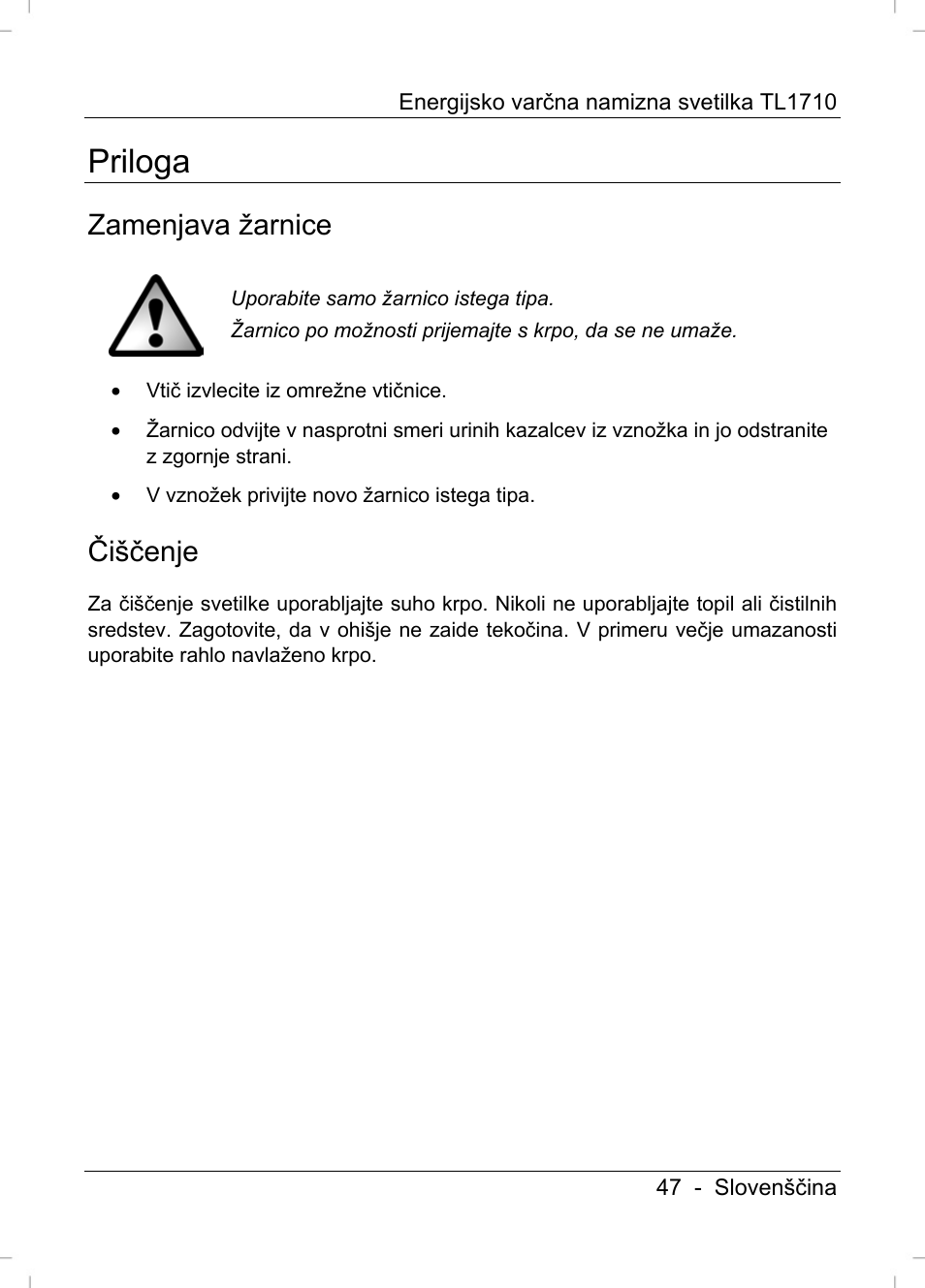 Priloga, Zamenjava žarnice, Čiščenje | Livarno TL1710 User Manual | Page 49 / 89