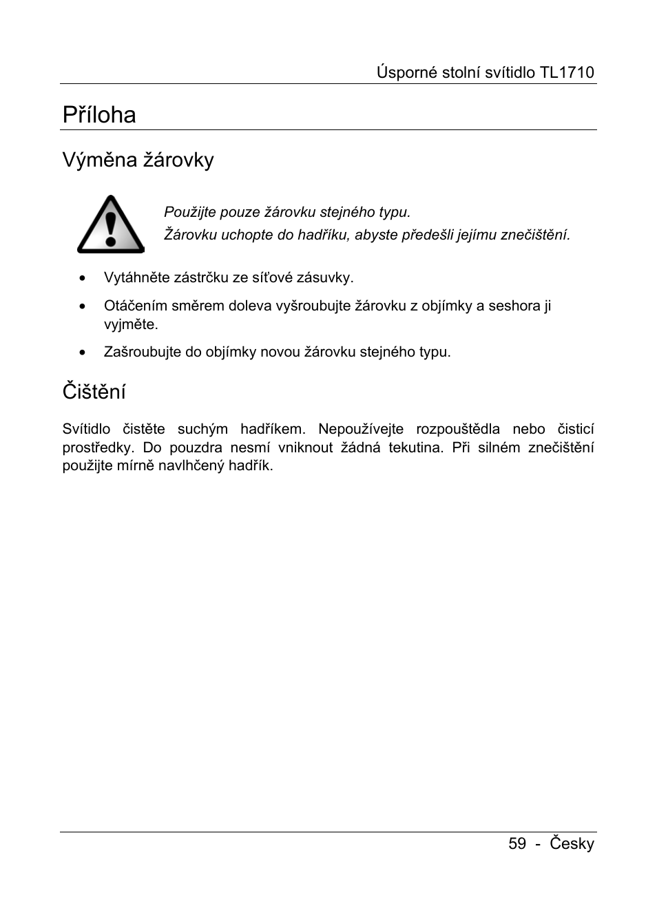 Příloha, Výměna žárovky, Čištění | Livarno TL1710 User Manual | Page 61 / 89