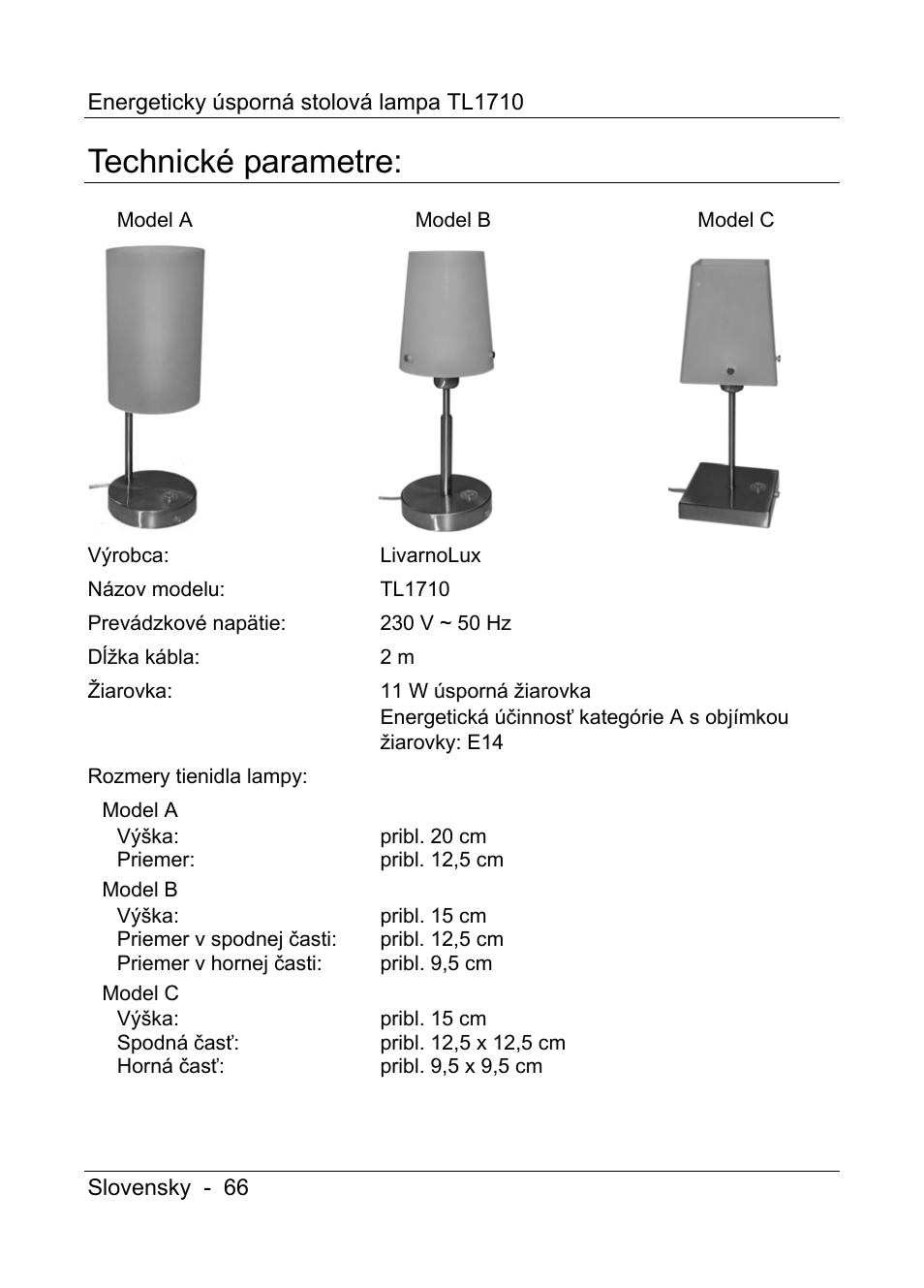 Technické parametre | Livarno TL1710 User Manual | Page 68 / 89